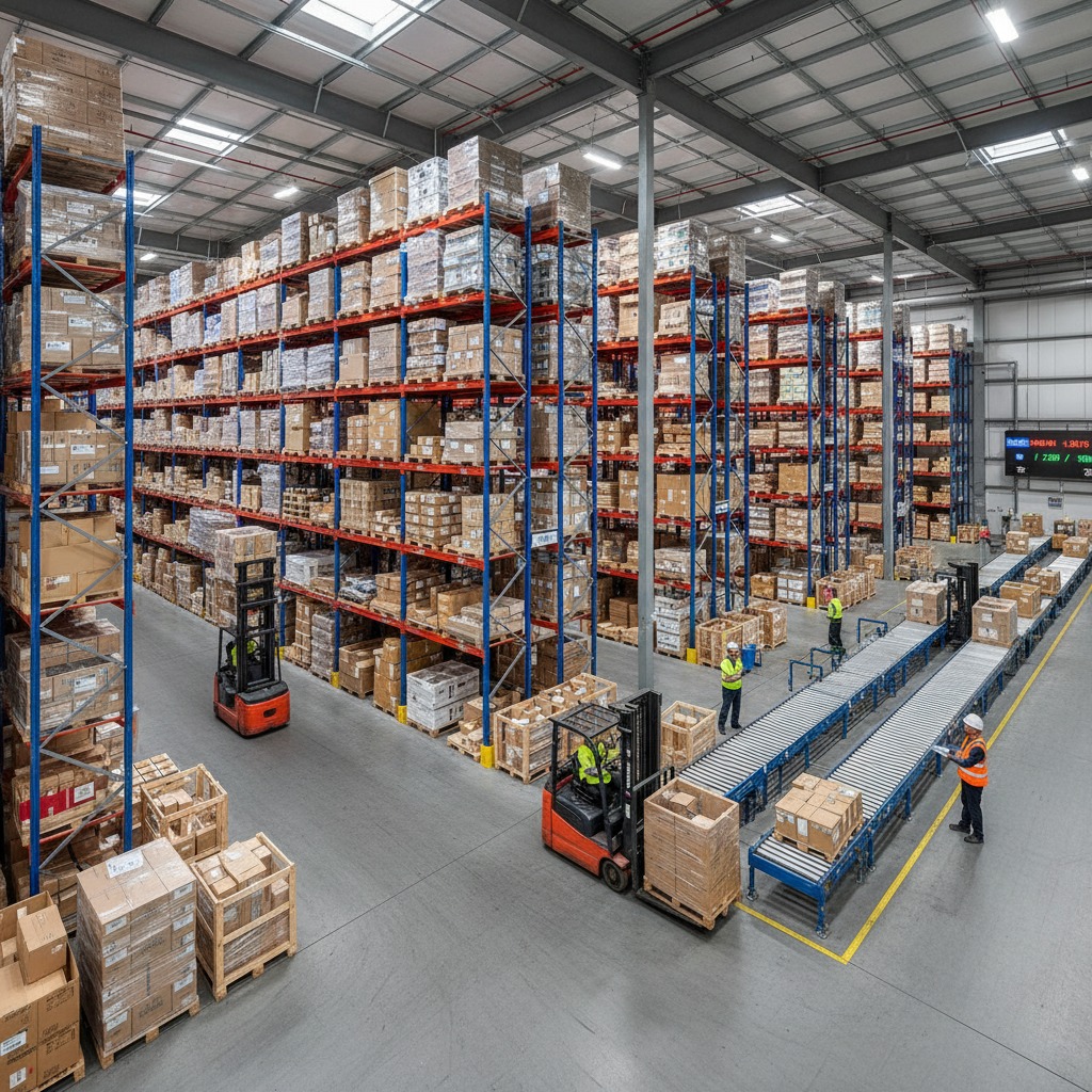 Warehouse workers operate forklifts and manage packages on a conveyor belt system within a large distribution center filled with tall storage racks.