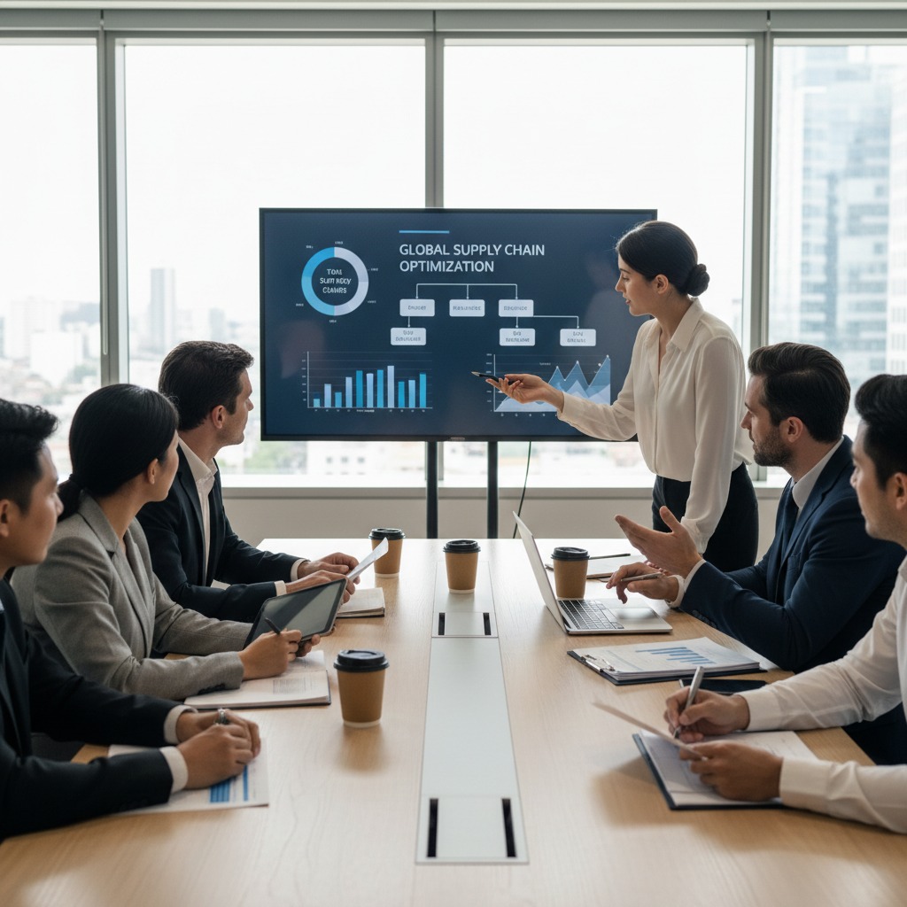 A businesswoman presents a global supply chain optimization strategy to a team of colleagues in a modern boardroom.