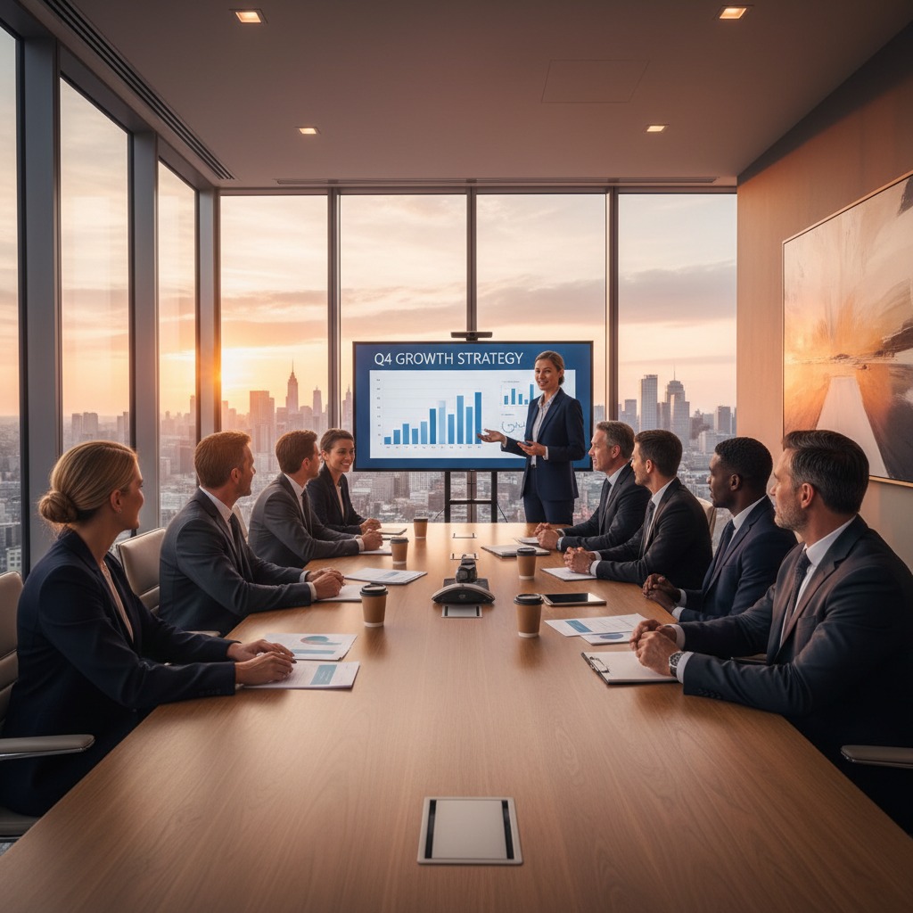 A businesswoman presents a Q4 growth strategy on a screen to a team of professionals gathered around a conference table in a high-rise office at sunset.