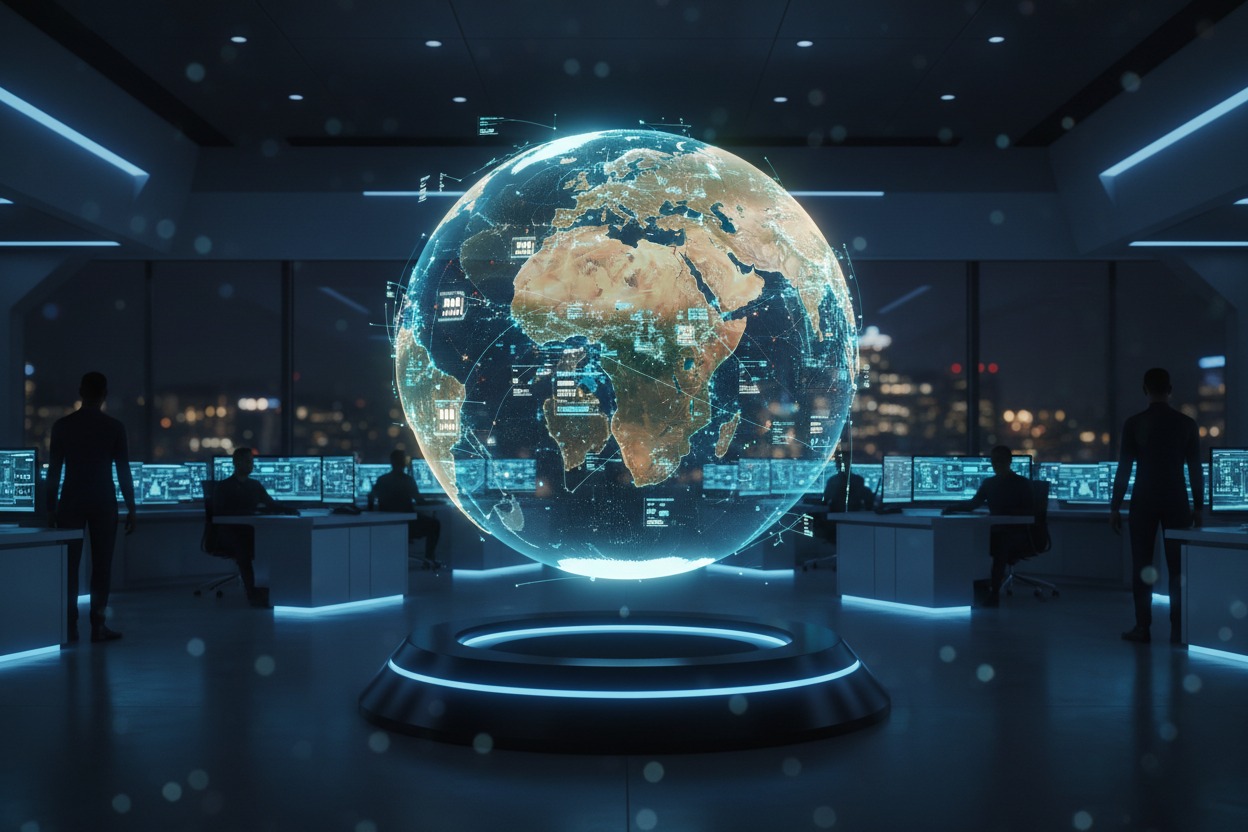 A glowing digital globe floats in the center of a dark, high-tech office where employees work at computer terminals.