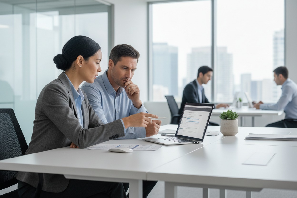 A woman and a man in business attire collaborate on a project while looking at a laptop screen in a modern office.