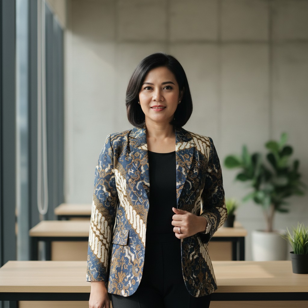 A professional woman with dark hair wears a patterned batik blazer while standing in a modern office.