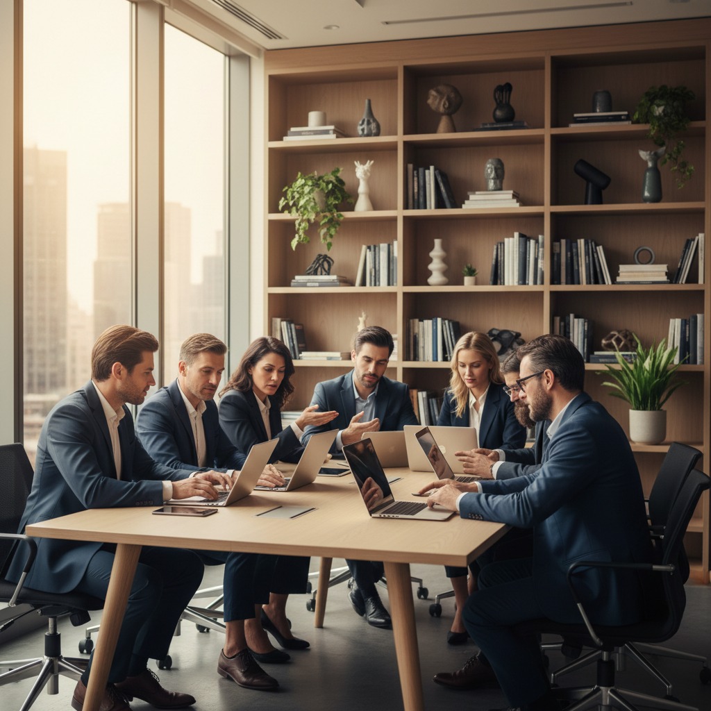 A diverse group of professionals in business attire sit around a wooden conference table in a modern office, working on their laptops.