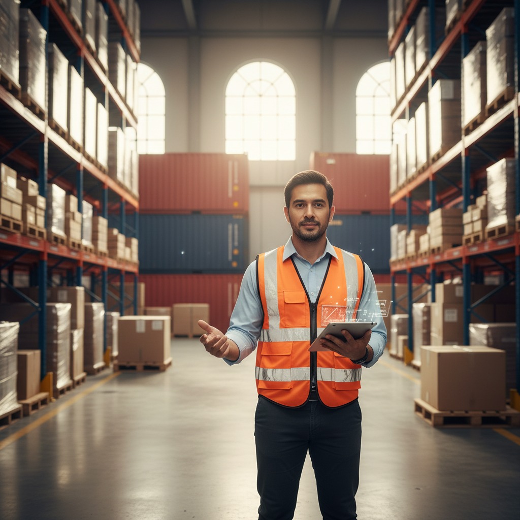 A warehouse manager in a high-visibility vest holds a tablet displaying digital data while standing in an aisle between tall storage racks.
