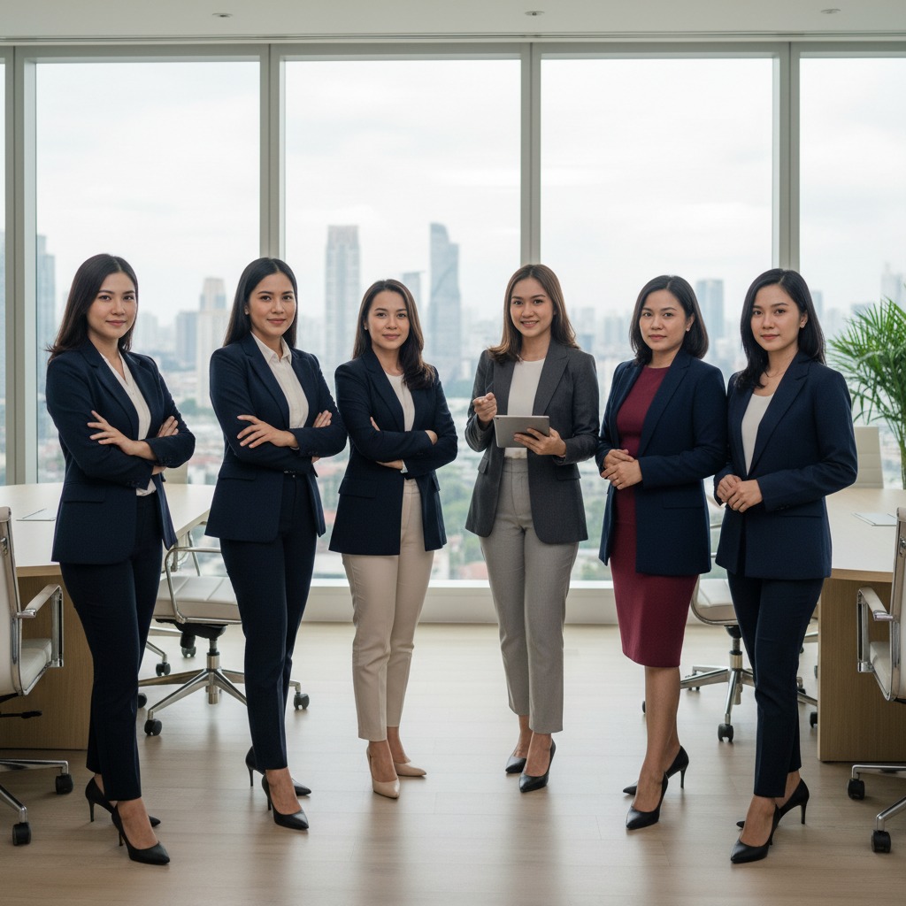 Six professional women in business attire stand together in a modern office conference room with a city skyline visible through the large windows.