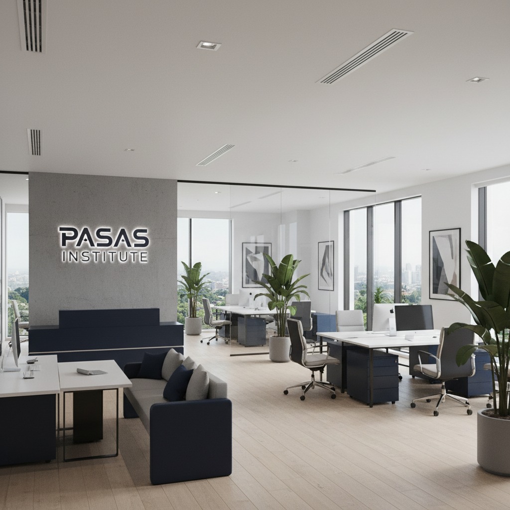 Modern office interior featuring the Pasas Institute logo on a concrete wall, glass-partitioned workspaces, and potted plants.
