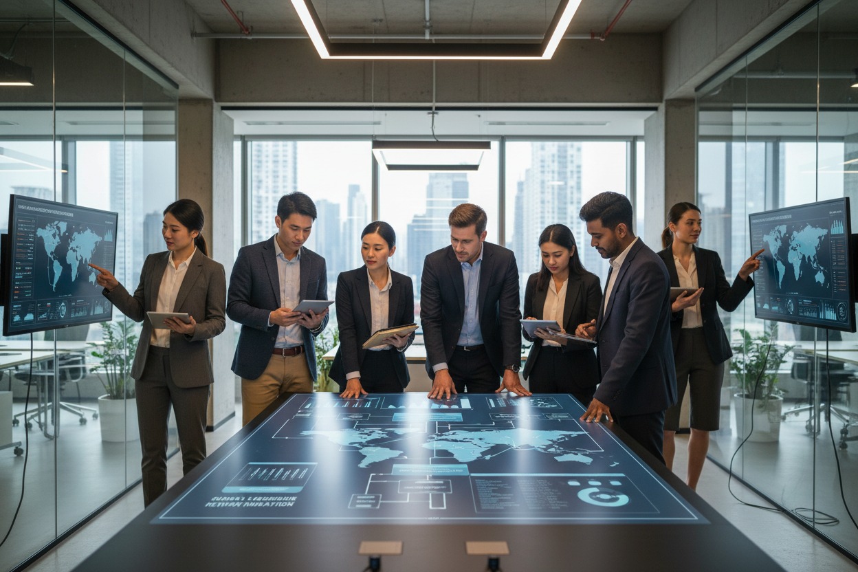 A diverse team of professionals in business attire collaborates around a large interactive table displaying global data maps in a modern office.
