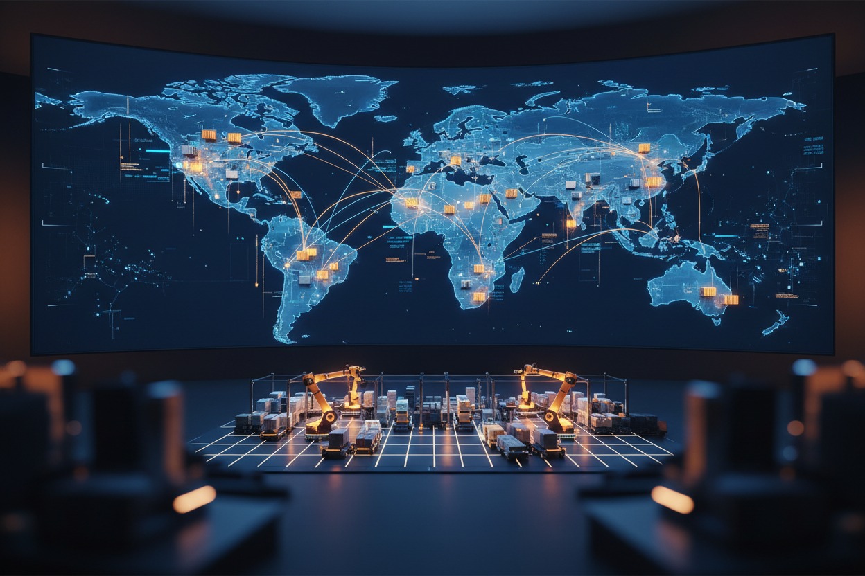 Robotic arms operate on a grid in front of a large digital screen displaying a global logistics map with interconnected shipping routes.